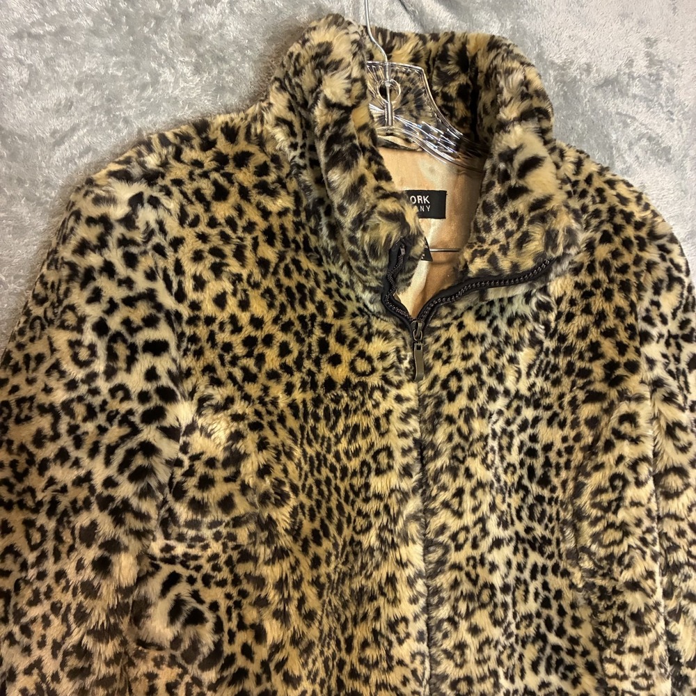 Vtg NY&C Womens Animal Print Faux Fur Coat M Full Zip Y2K Mobwife Paris Hilton